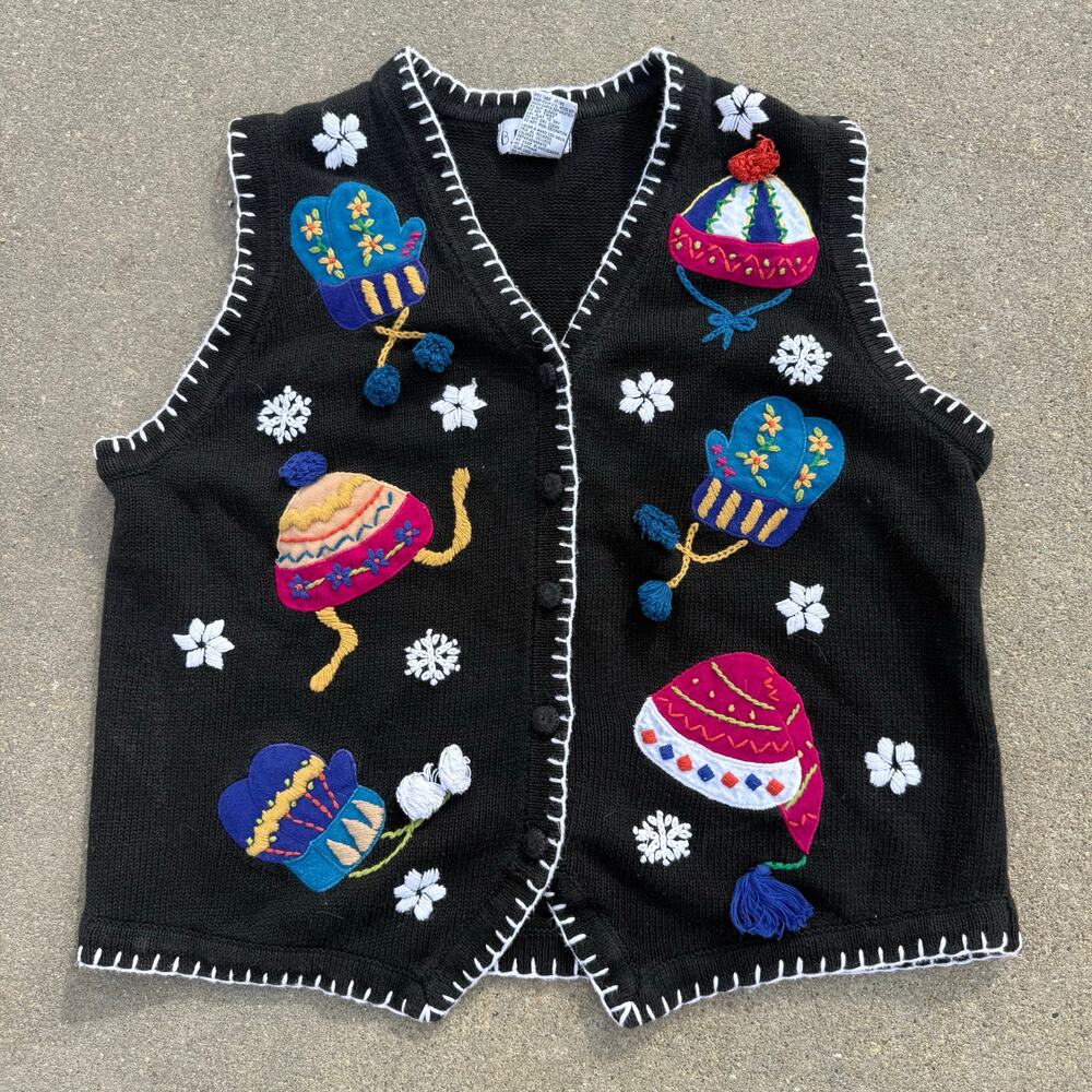 90s Ugly Christmas Winter Hats Mittens Snowflakes Sweater Vest XL Gaudy Grandma